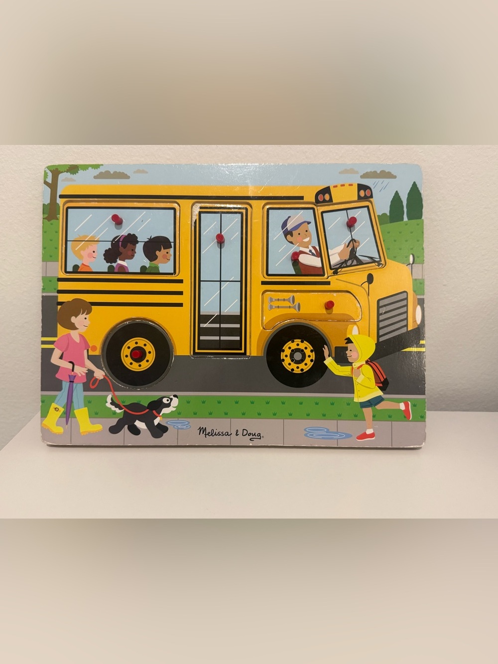 Melissa & Doug Yellow School Bus Wooden Peg Puzzle with Red Pegs sound puzzle